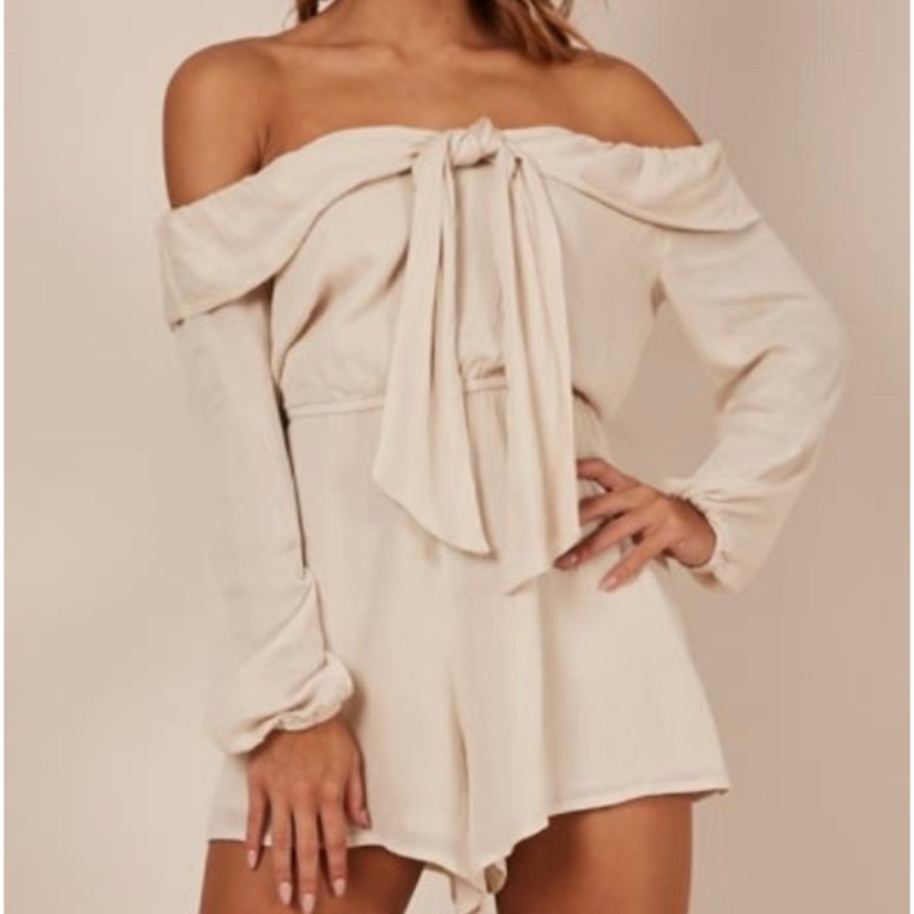 Beige or cream tie romper playsuit